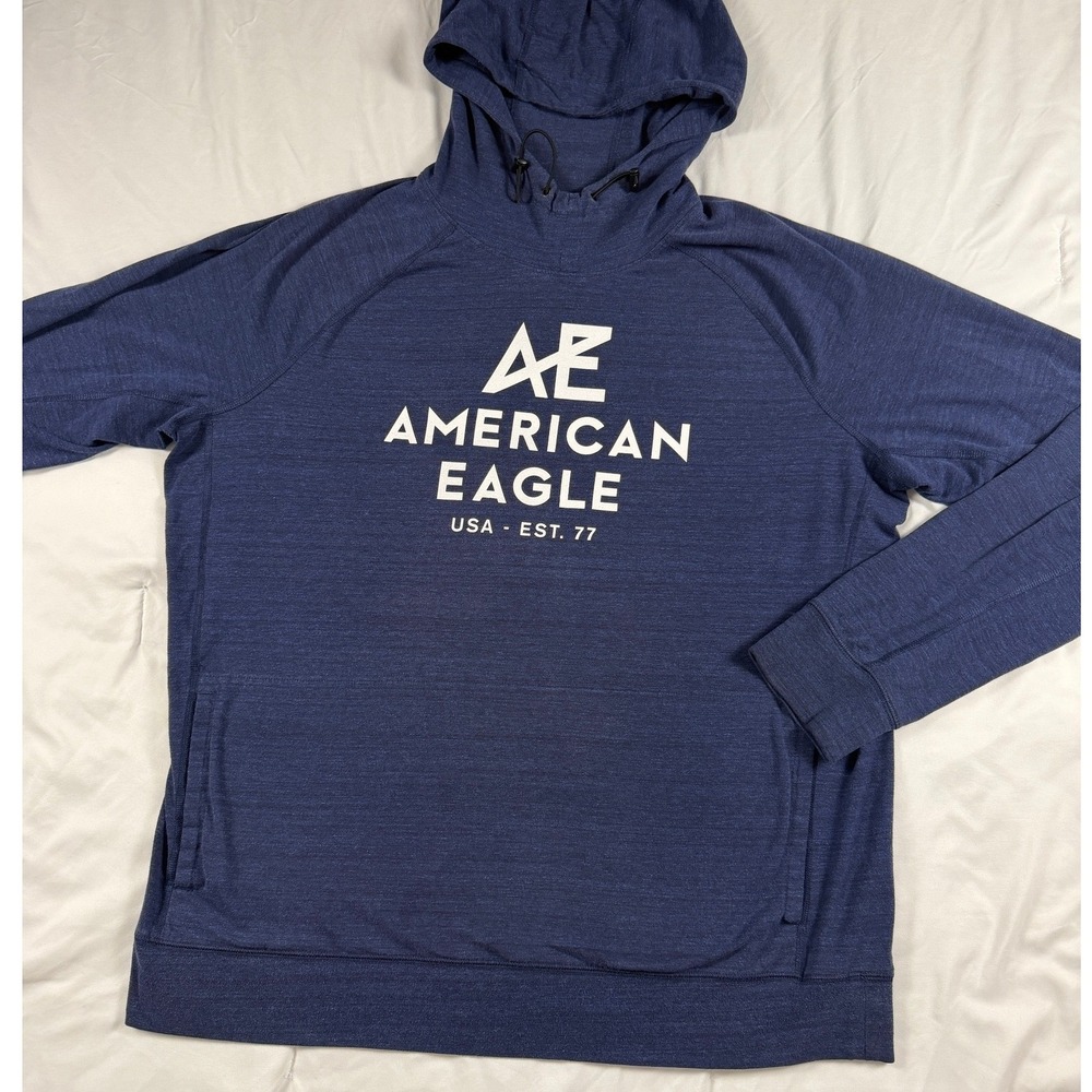 American Eagle Mens Blue Graphic Logo Hoodie Sweatshirt Large Raglan Sleeve Navy